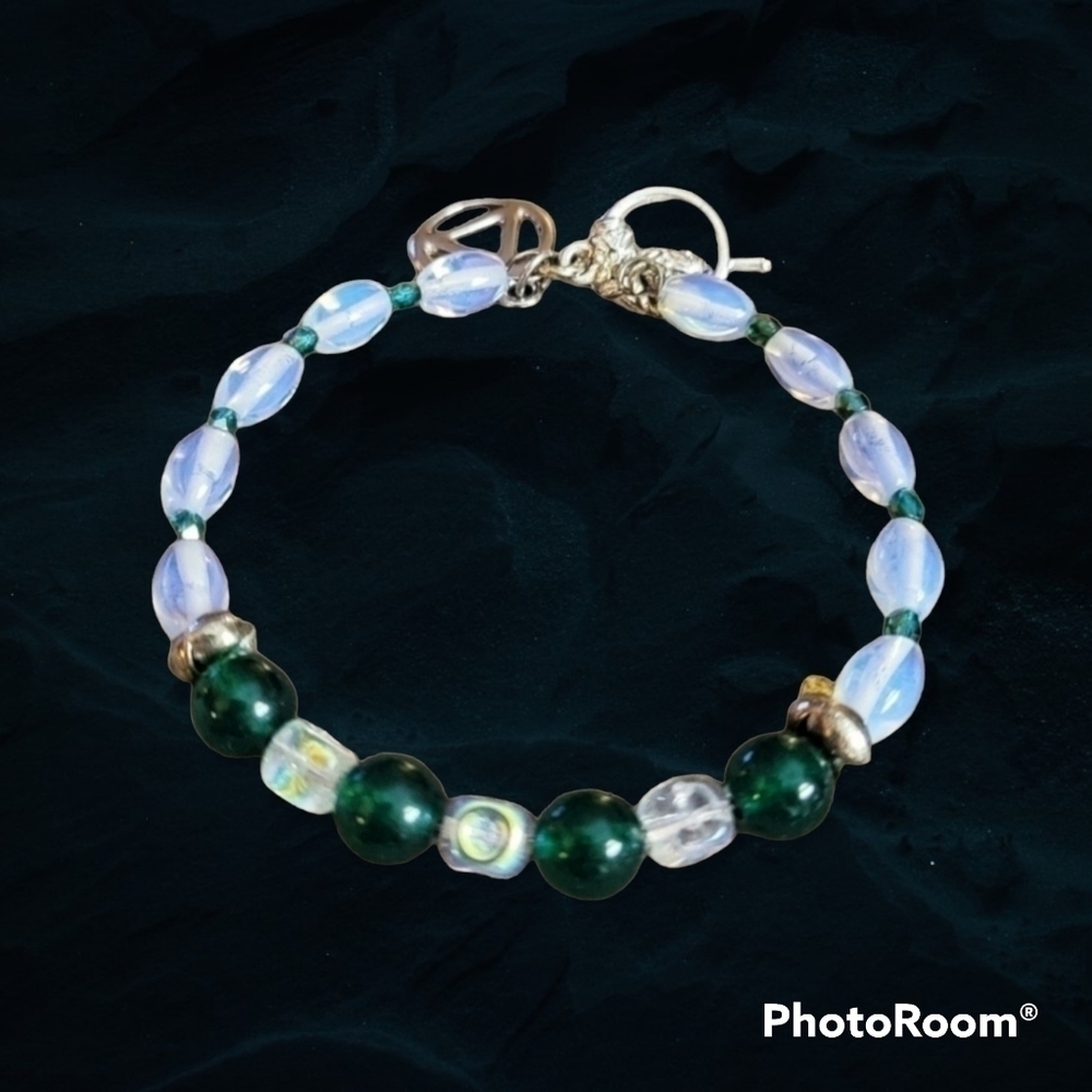 HANDMADE Opalite Jade Czech Glass Beaded Bangle Toggle Bracelet